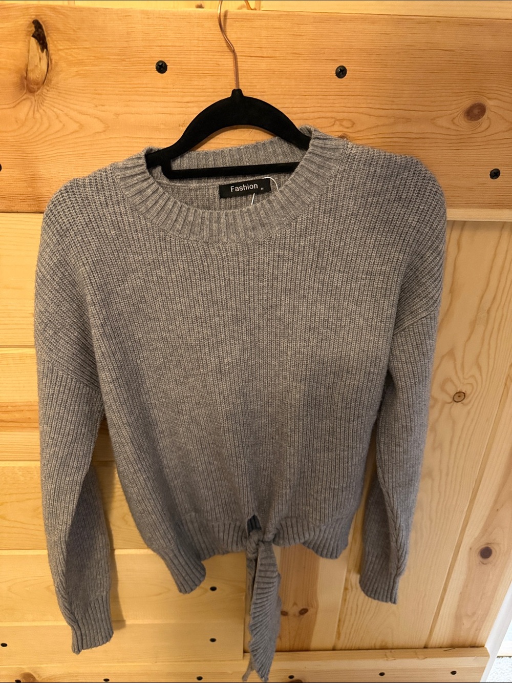 Fashion Nova Gray Tie-Front Crewneck Sweater